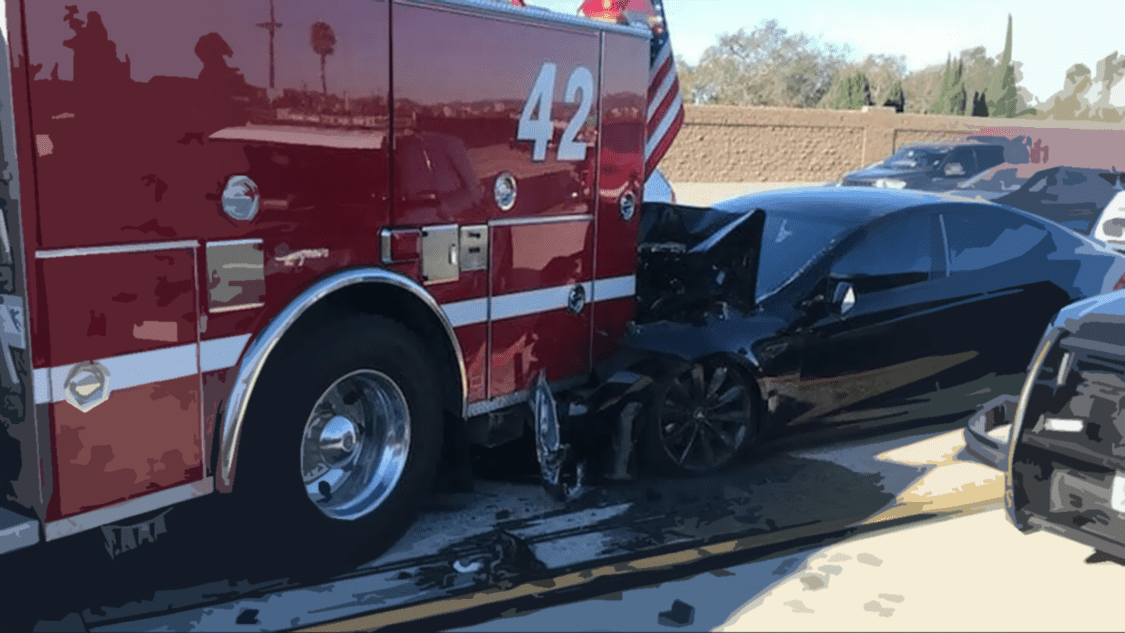 A Tesla car on Autopilot rear-ended a Culver City firetruck on the 405 Freeway on Jan. 22, 2018. The firetruck was stopped with its lights flashing as firefighters attended to a previous crash there.(Culver City Firefighters Local 1927)