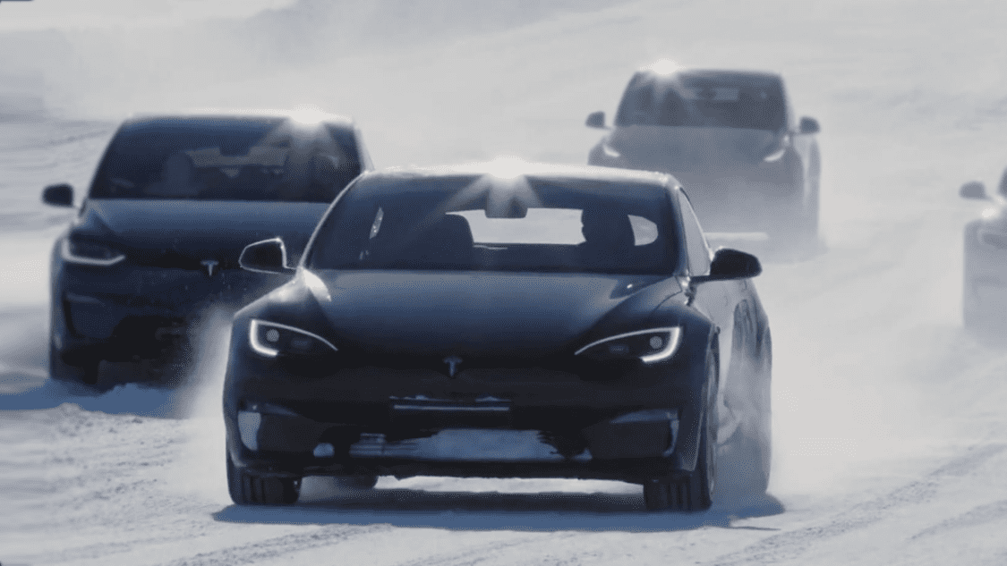 Tesla Cold Test 4 cars driving in snow