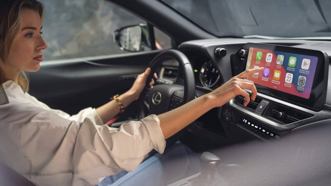 2024 Lexus UX 250h interior, F Sport steering wheel and infotainment system