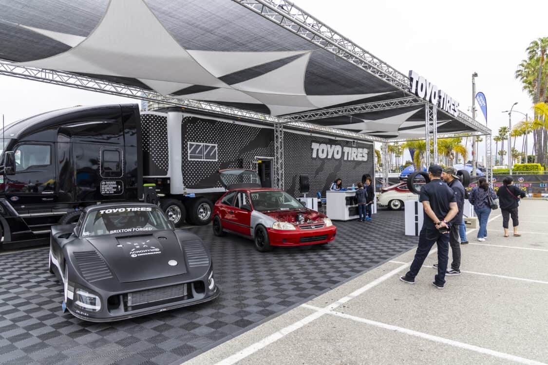 Toyo Tire Bisimoto Porsche Ryan Rywire Civic - Electrify Showoff wows Long Beach with 100+ EVs, 40+ aftermarket exhibitors, electrified classics, and cutting-edge tech. Impressive lineup!