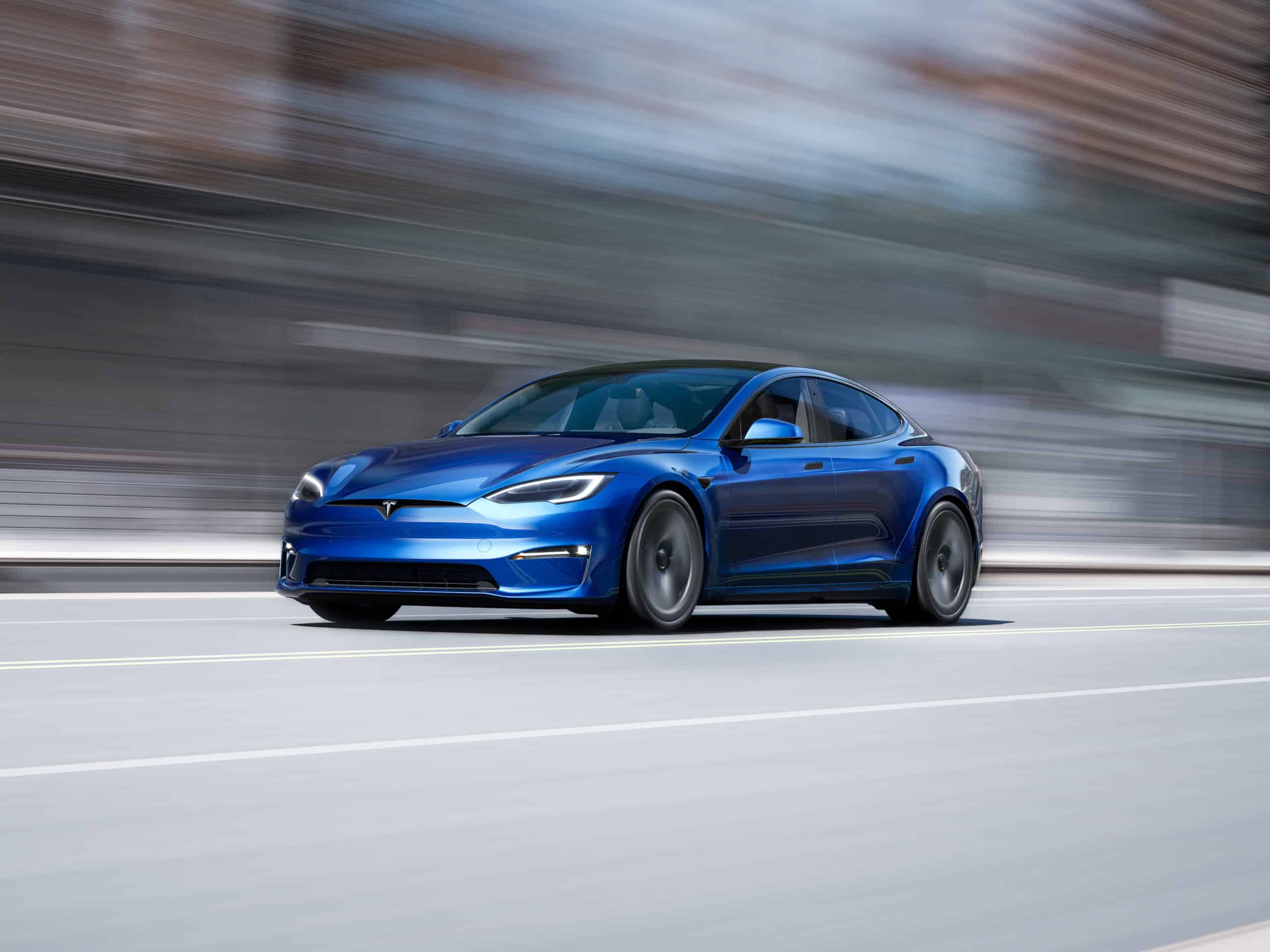 Tesla Model S blue fast rolling shot