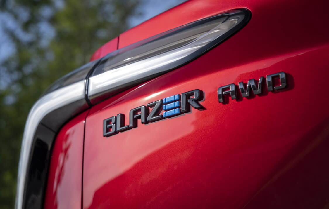 Photo of Close up of driver’s side taillight and Blazer EV badge on the 2024 Chevrolet Blazer EV SS in Radiant Red Tintcoat. Preproduction model shown. Actual production model may vary. 2024 Chevrolet Blazer EV available Spring 2023.