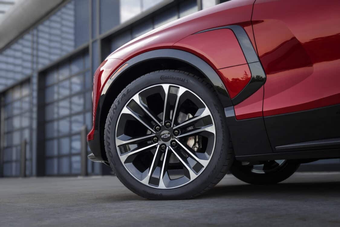 Photo of Close up of the front driver’s side wheel on the 2024 Chevrolet Blazer EV SS in Radiant Red Tintcoat. Preproduction model shown. Actual production model may vary. 2024 Chevrolet Blazer EV available Spring 2023.