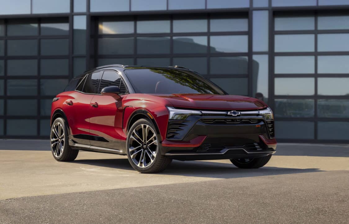 Photo of Three-quarter view of 2024 Chevrolet Blazer EV SS in Radiant Red Tintcoat. Preproduction model shown. Actual production model may vary. 2024 Chevrolet Blazer EV available Spring 2023.