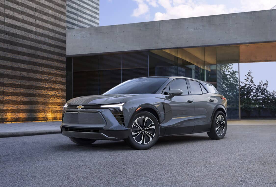 Photo of Driver’s side 7/8 view of 2024 Chevrolet Blazer EV 2LT in Galaxy Gray Metallic. Preproduction model shown. Actual production model may vary. 2024 Chevrolet Blazer EV available Spring 2023.
