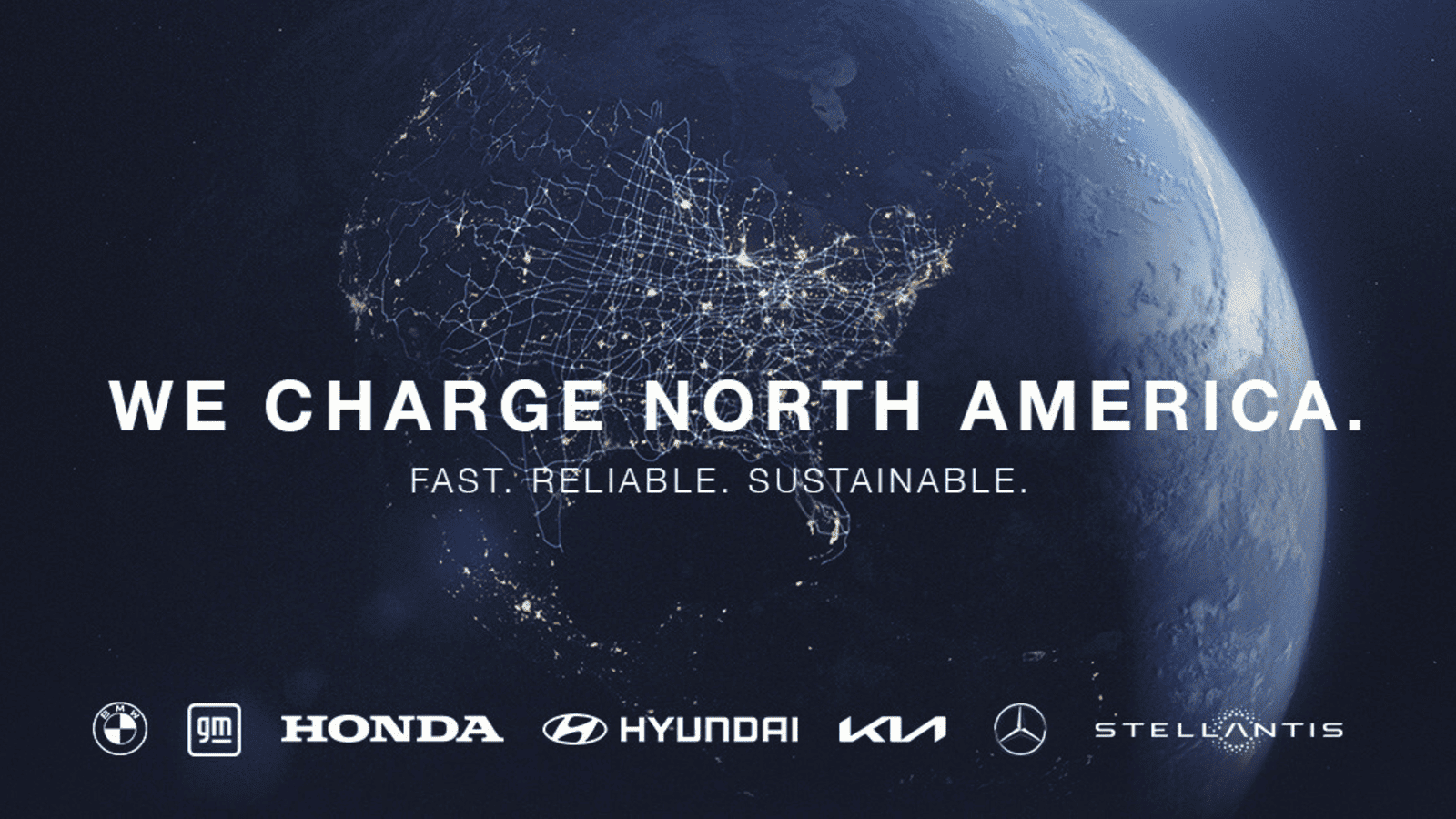 Image of BMW, GM, Honda, Hyundai, Kia, Mercedes-Benz, and Stellantis Create EV Charging Network with the caption "We Charge North America."