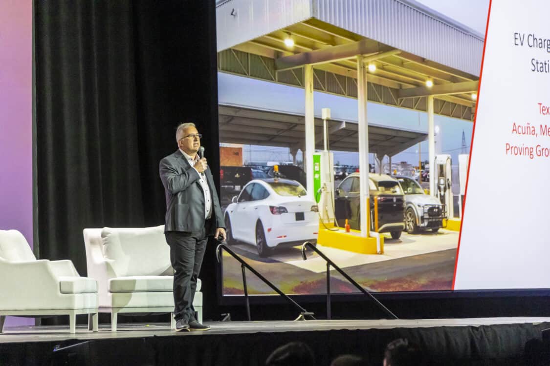 Photo of Dale Harrigle, Bridgestone Chief Engineer for Tire Development, speaking at Electrify Expo: Industry Day 2023 in Long Beach, CA