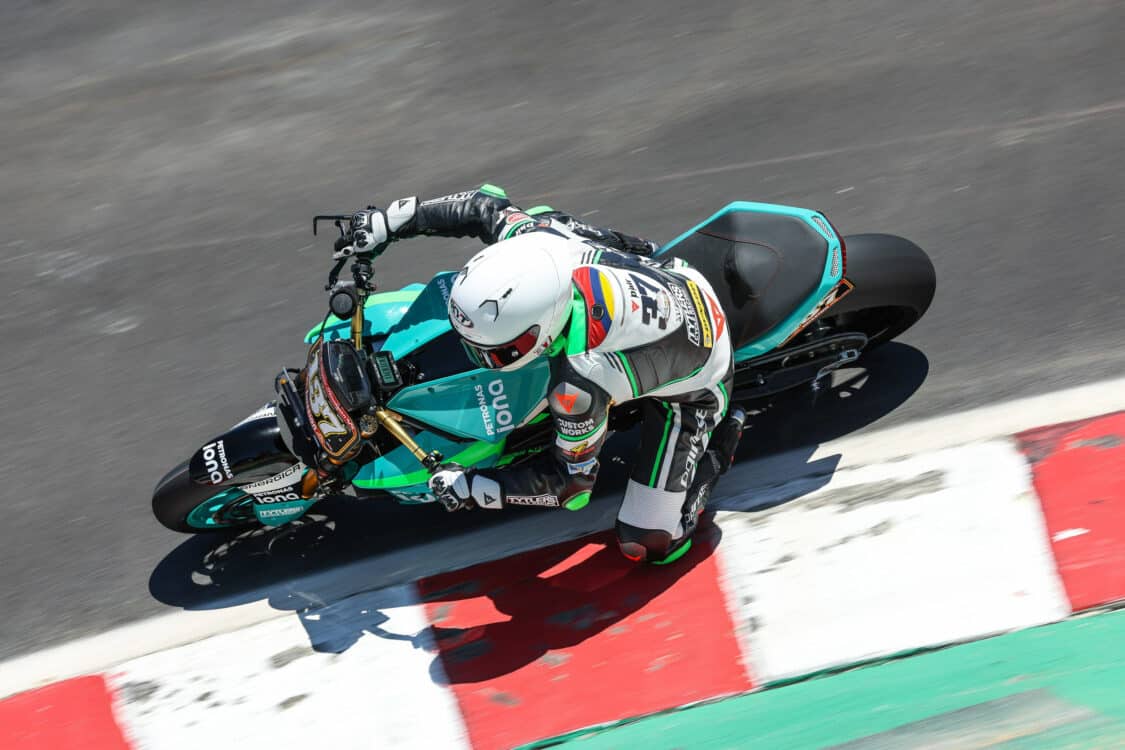 Photo of Energica beats outright electric lap record at Laguna Seca by Stefano Mesa aboard an Eva Ribelle RS motorcycle.
