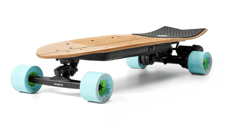 Photo of Evolve Skateboards Stoke Series 2 electric skateboard with blue wheels