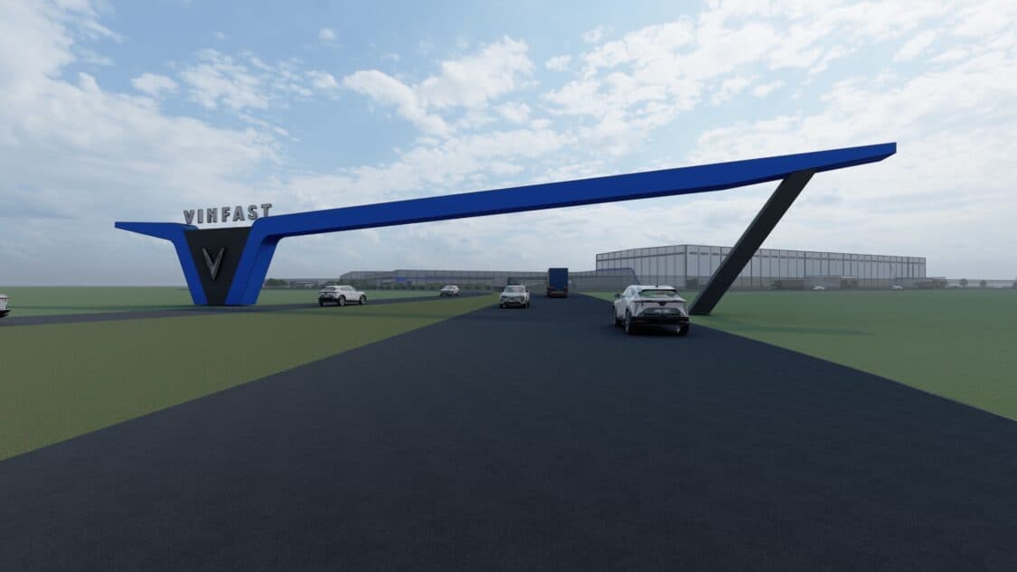 Image and rendering of VinFast manufacturing plant in North Carolina.
