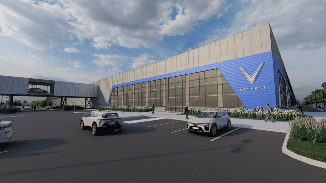 Image and rendering of VinFast manufacturing plant in North Carolina