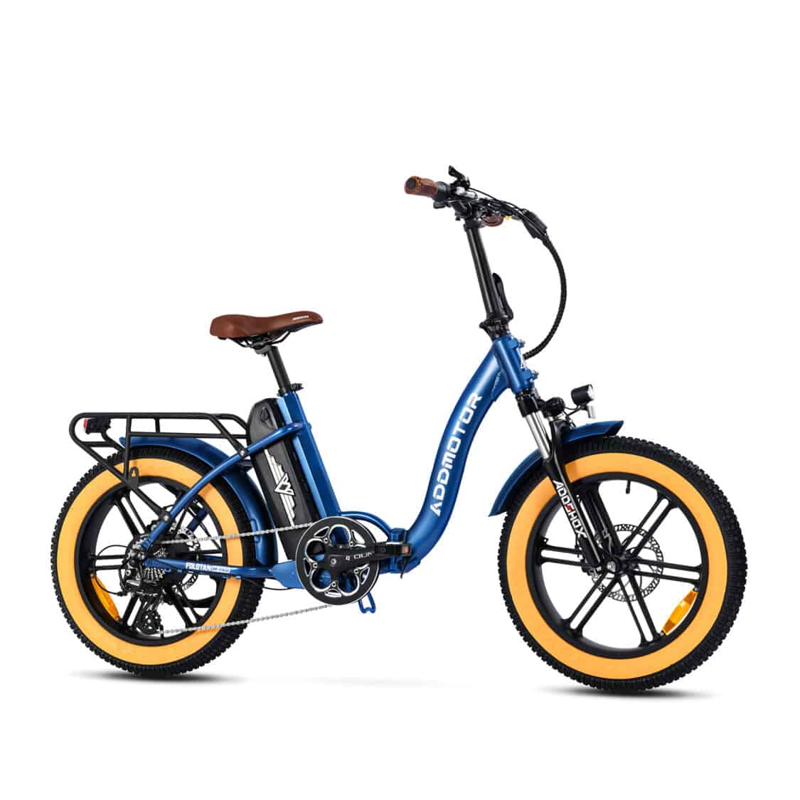 Photo of Addmotor Foldtan M-140 foldable fat tire electric bike with blue frame and yellow tires.
