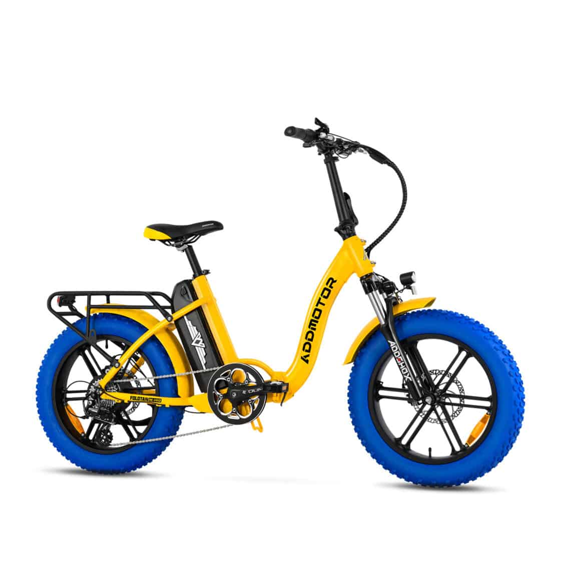 Photo of Addmotor Foldtan M-140 foldable fat tire electric bike with yellow frame and blue tires.