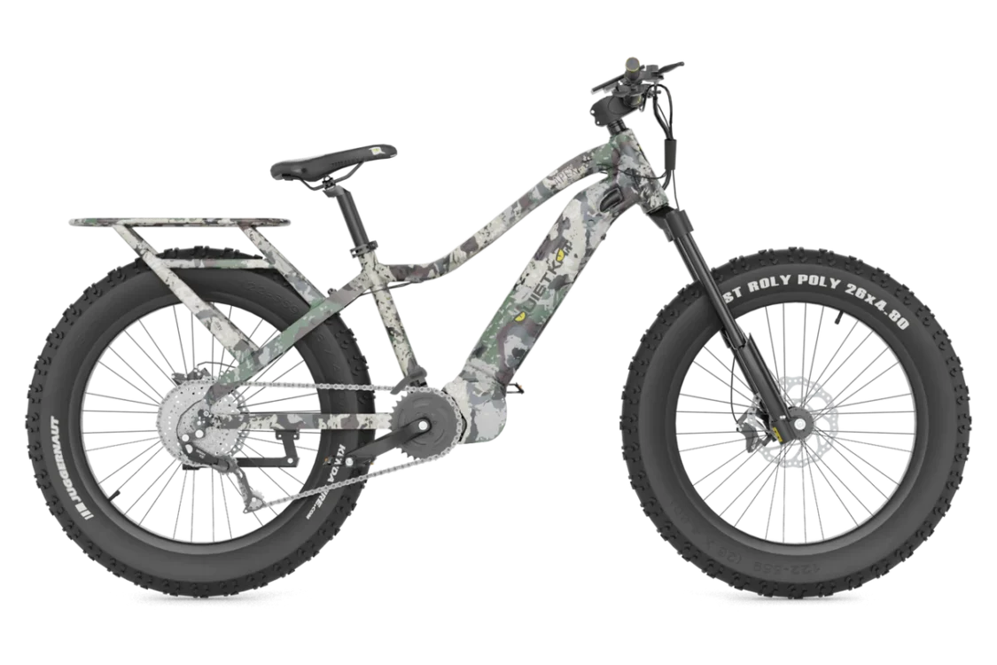 Photo of camo QuietKat Apex fat tire electric bike.