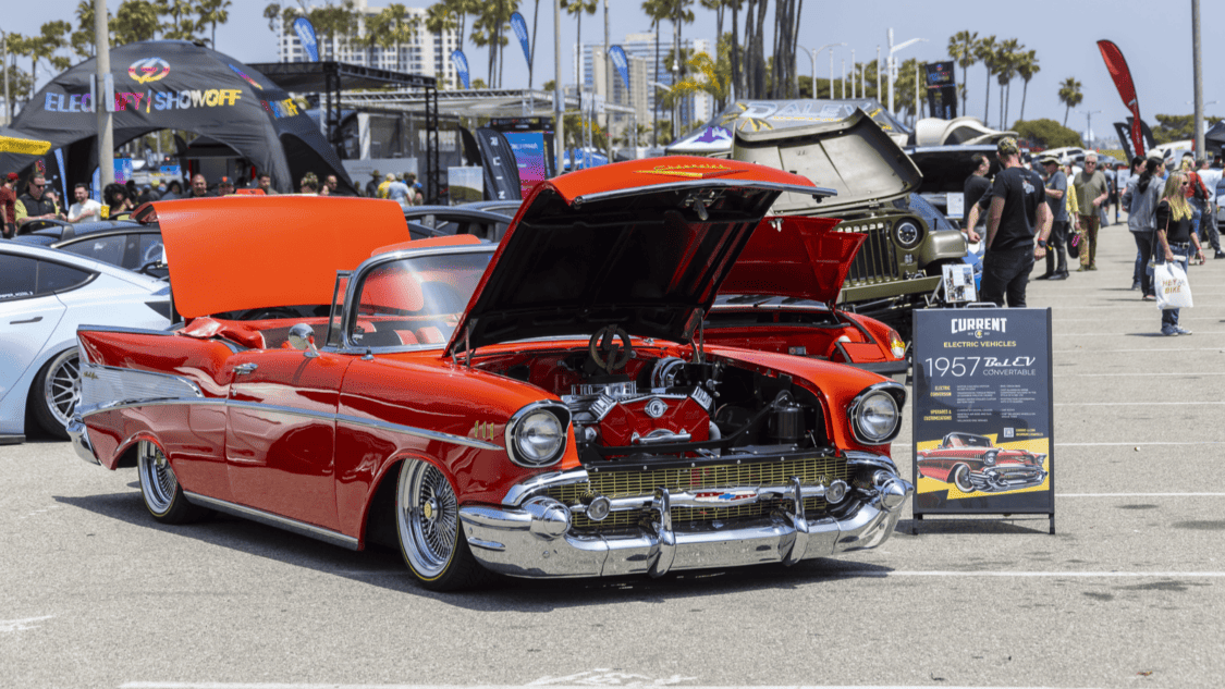 Photo of Brian Dilley of Current Electric Vehicles' 1957 Chevy Belair at Electrify Showoff in Long Beach, CA
