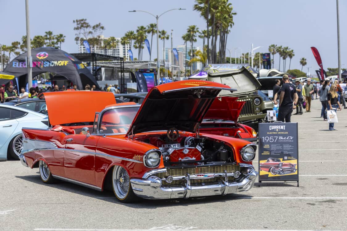 Photo of Brian Dilley of Current Electric Vehicles' 1957 Chevy Belair at Electrify Showoff in Long Beach, CA