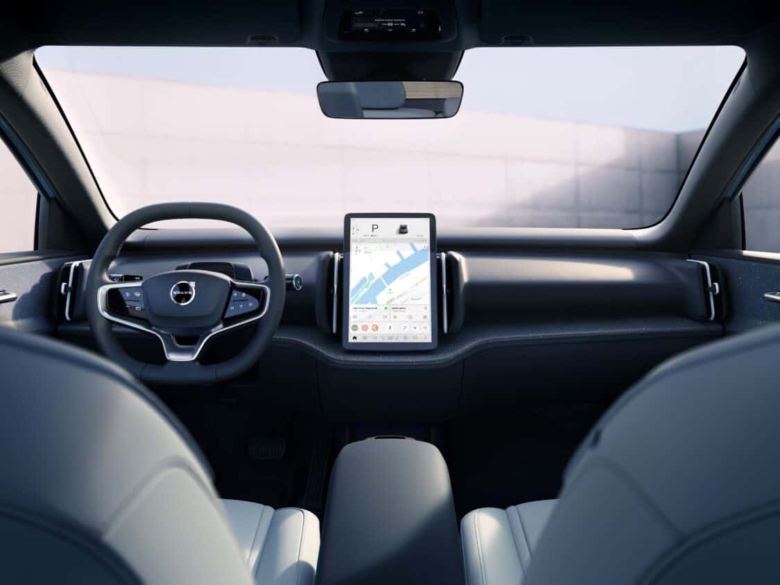 Image of Volvo EX30 interior, steering wheel and infotainment system