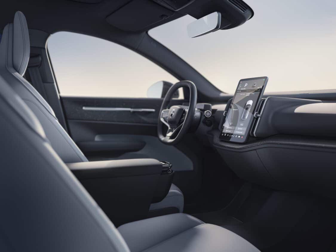Image of Volvo EX30 interior, steering wheel and infotainment screen