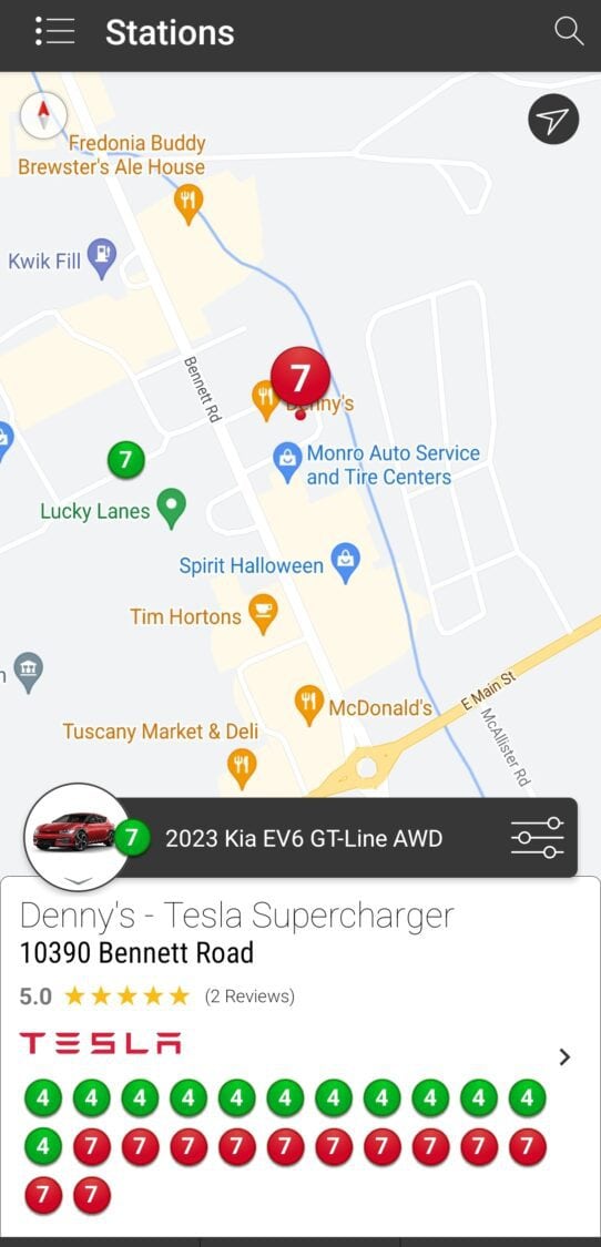 Screenshot of Tesla Supercharger stations on the Chargeway app