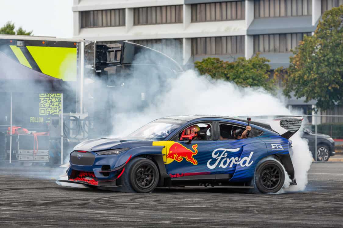 Photo of Collete Davis drifting the Ford Mustang Mach-E 1400 in the Ford Thrill Zone at Electrify Expo in New York