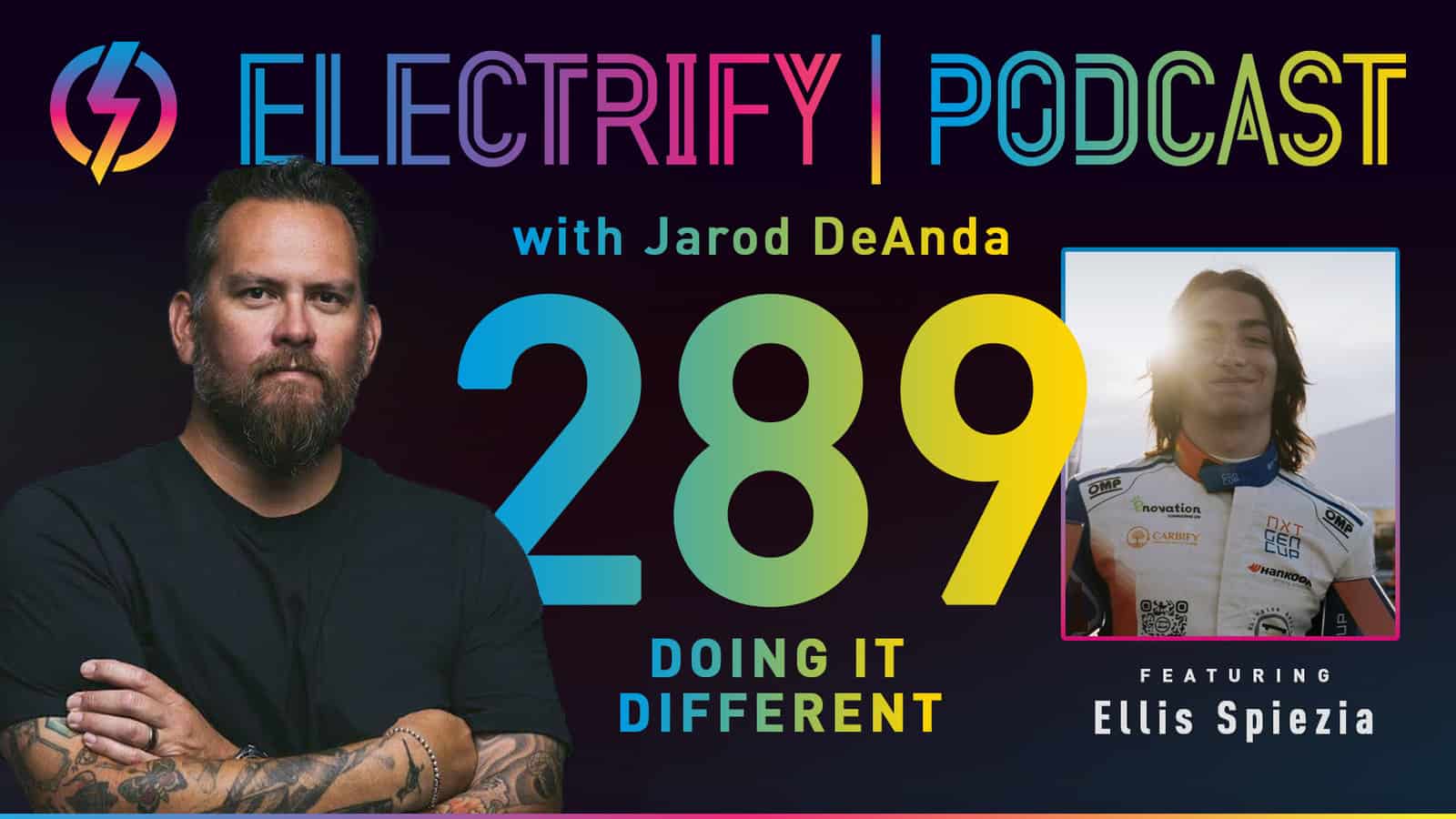 Image of Electrify Podcast episode 289 with Jarod DeAnda and Ellis Spiezia of Ellysium Racing