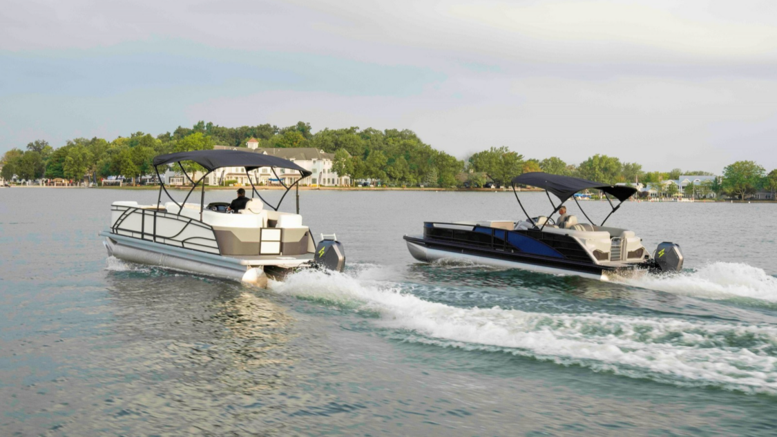 Image showcasing Polaris Marine testing 150-hp outboard electric motor from Forza X1 on Bennington and Godfrey pontoon models.