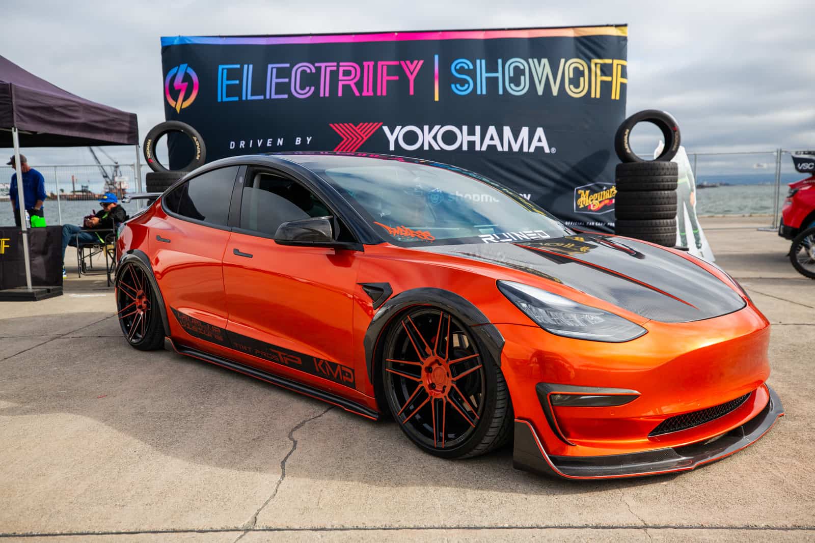 Image showcasing Kevin Kwok's 2018 Tesla Model 3 Long Range, winner of Best Wheel Tire Pack award at Electrify Showoff San Francisco