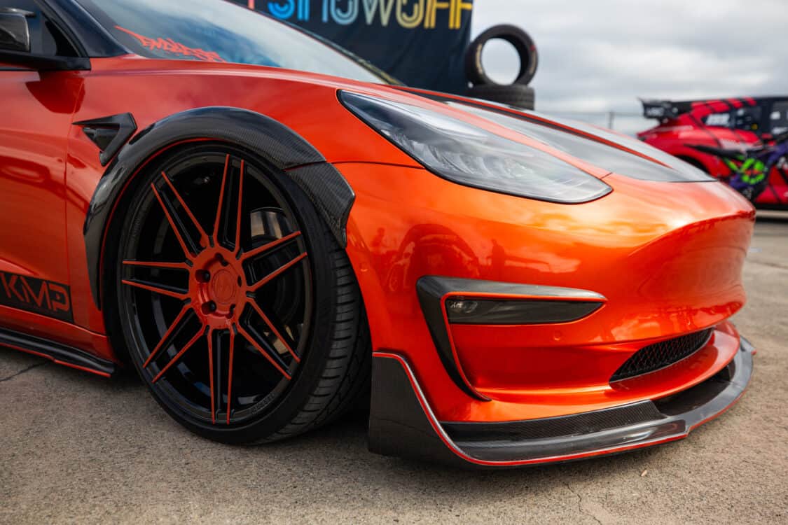 Image showcasing Kevin Kwok's 2018 Tesla Model 3 Long Range, winner of Best Wheel Tire Pack award at Electrify Showoff San Francisco