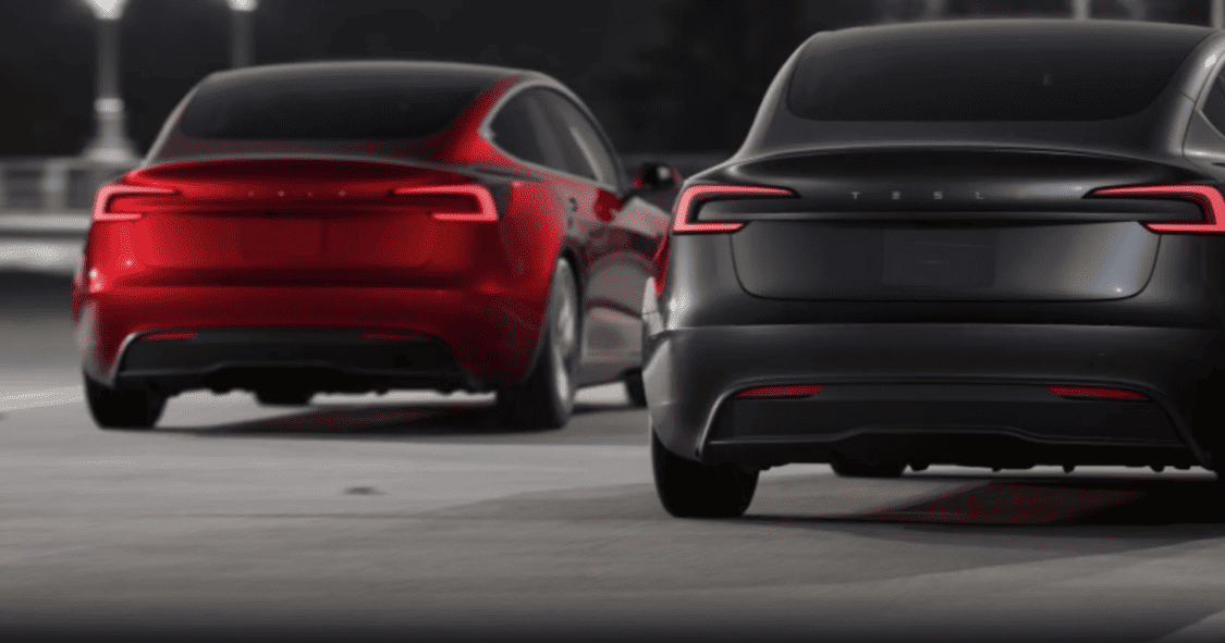 Image showcasing the new Tesla Model 3's sleek exterior redesign with aggressive headlights and cleaner front end, reflecting advanced technology and improved aerodynamics