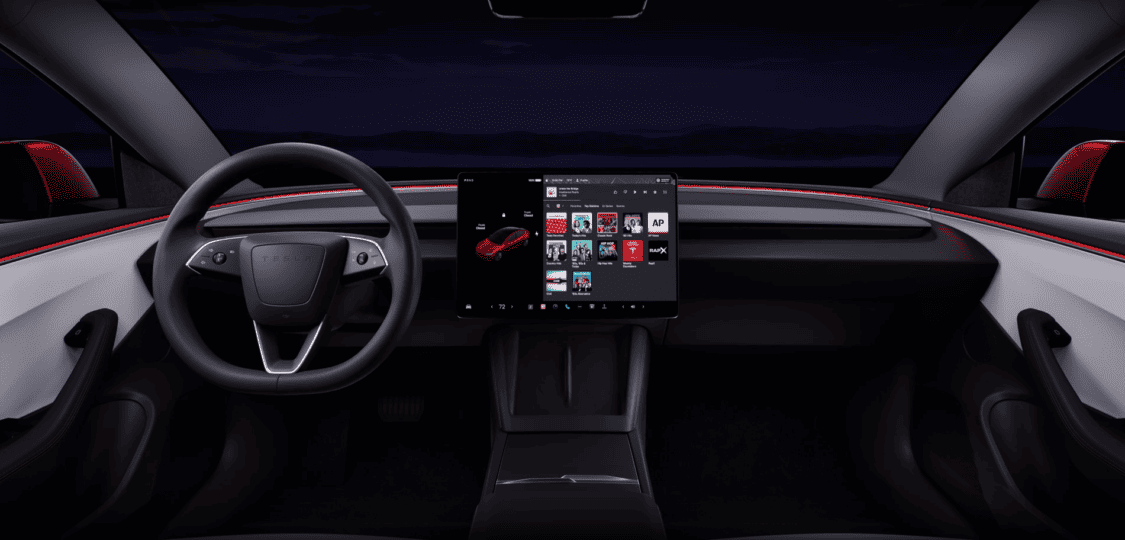Image showcasing the new Tesla Model 3 interior, featuring a wraparound styling that cocoons you inside. Customize ambient lighting to make it your own.