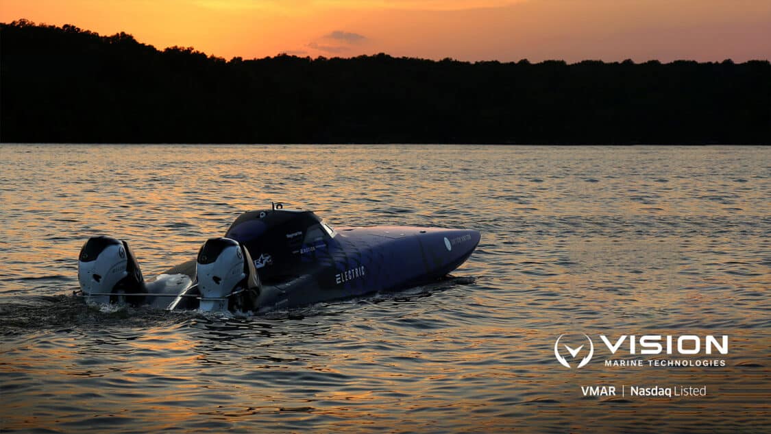 Vision Marine e-boat in lake at sunset