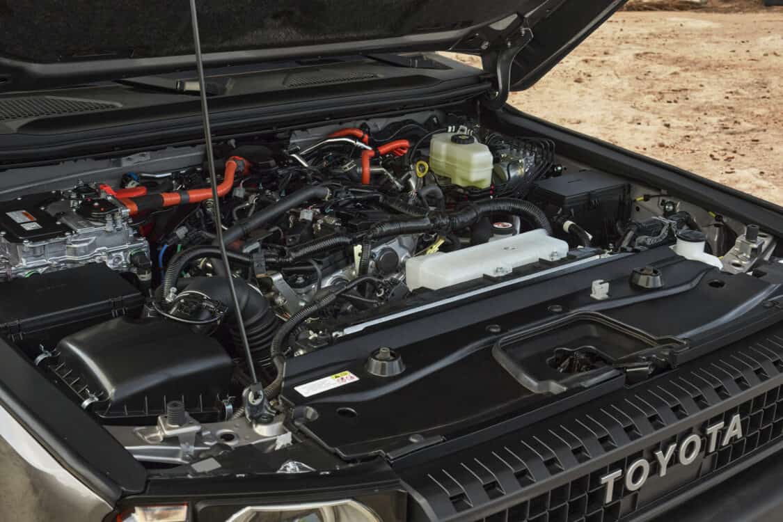 Image showcasing hybrid engine of the 2024 Toyota Land Cruiser in Trail Dust
