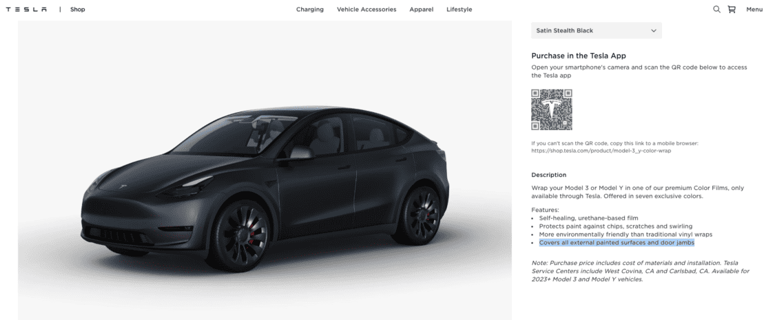 Image showcasing Tesla Model 3 and Model Y Color Paint Protection Film (PPF) in Satin Stealth Black, door jambs included