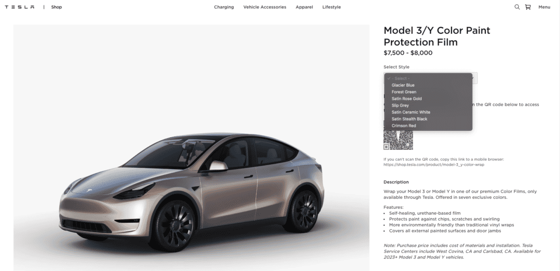 Image showcasing Tesla Model 3 and Model Y Color Paint Protection Film (PPF) in seven (7) colors and priced from $7,500-$8,000