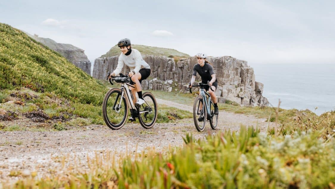 two riders near a steep cliff on Bosch e-bikes