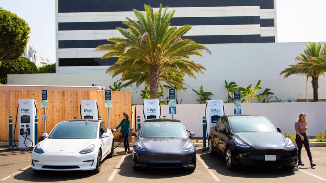 three EVs charging at EVgo, US California