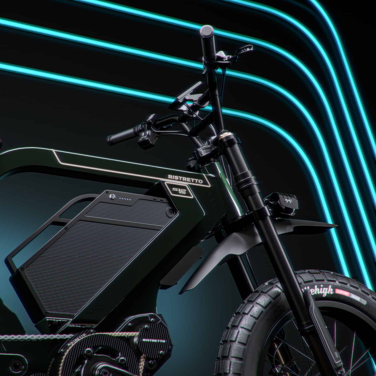 Image showcasing a render neon front view of the Ristretto 512 First Edition electric bike