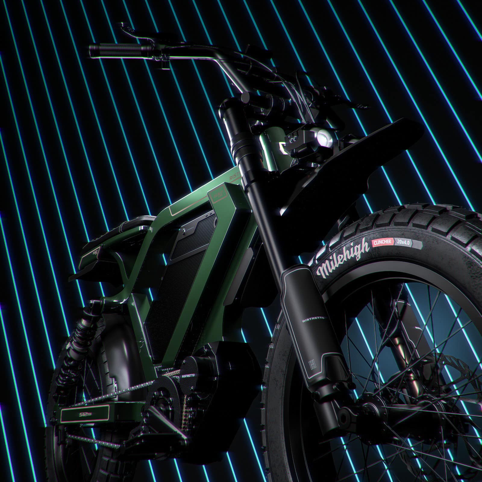 Image showcasing a render neon front quarter view of the Ristretto 512 First Edition electric bike