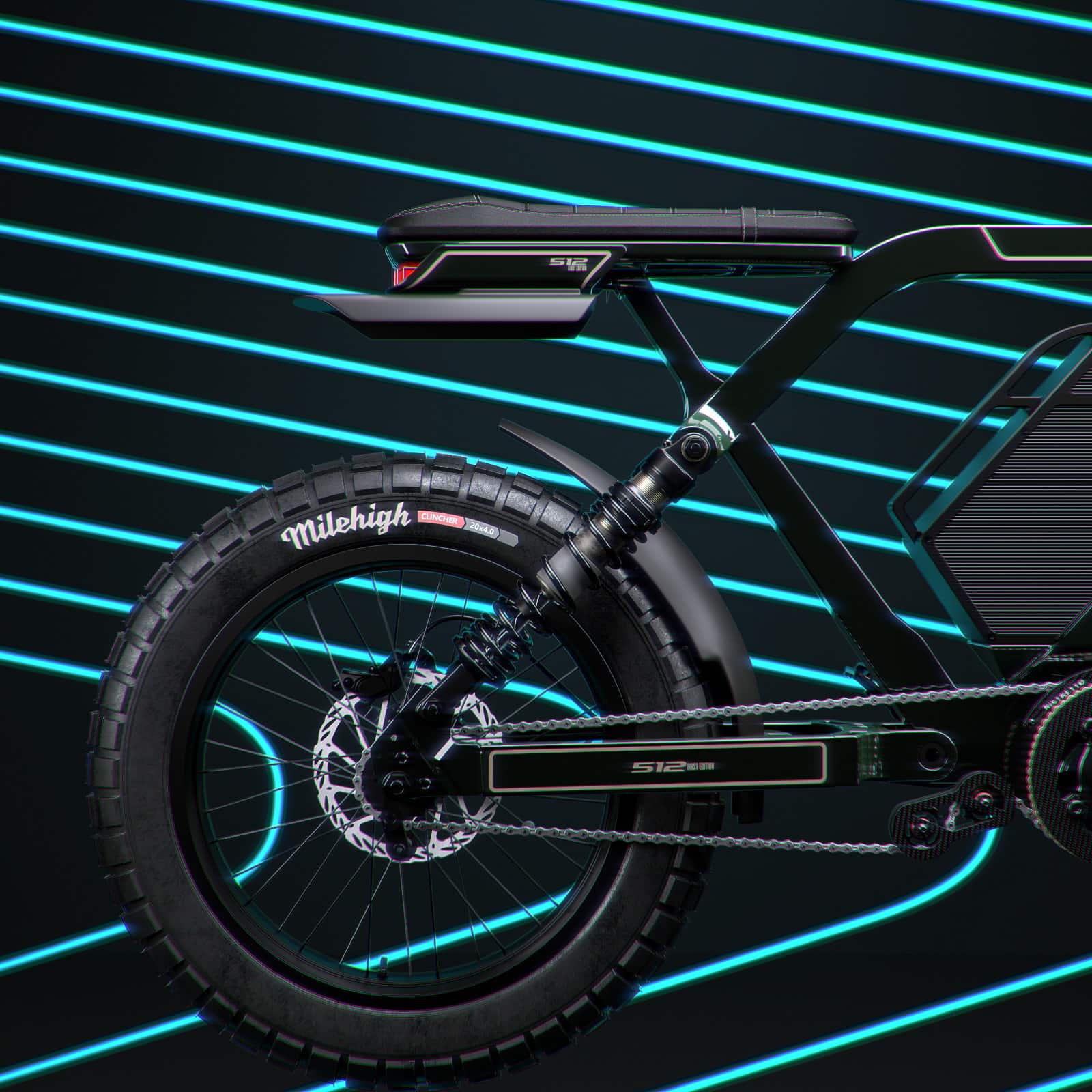 Image showcasing a render neon rear quarter view of the Ristretto 512 First Edition electric bike