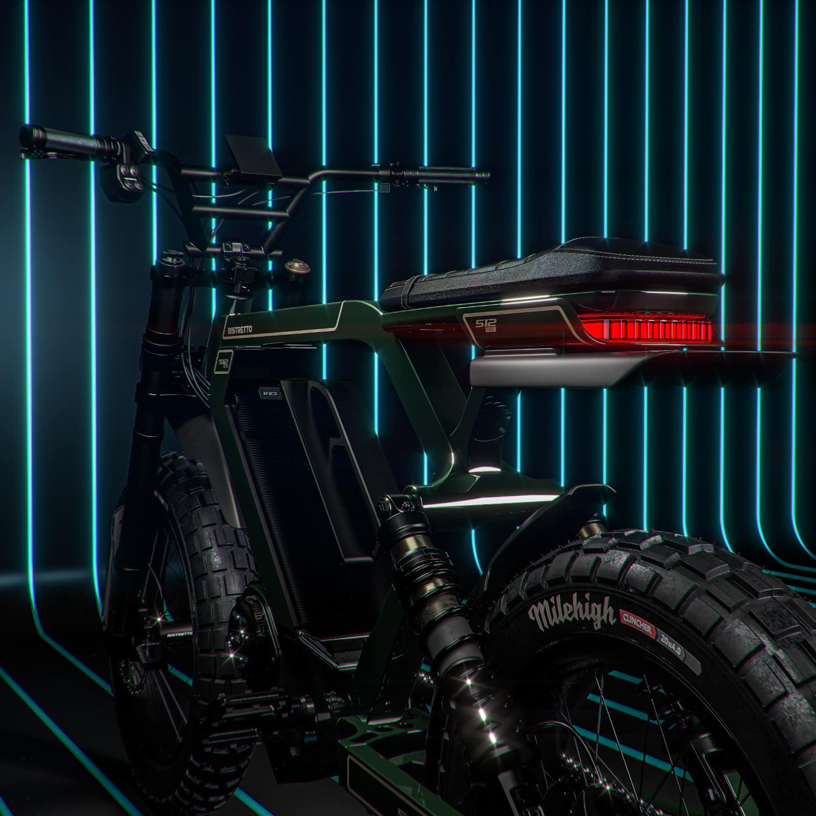 Image showcasing a render neon back view of the Ristretto 512 First Edition electric bike