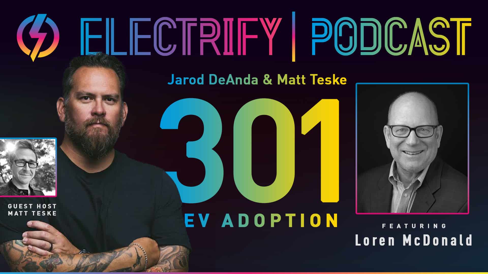Image showcasing Electrify Podcast episode 301 titled EV Adoption with host Jarod DeAnda, guest co-host Matt Teske of Chargeway, and guest Loren McDonald of EVAdoption