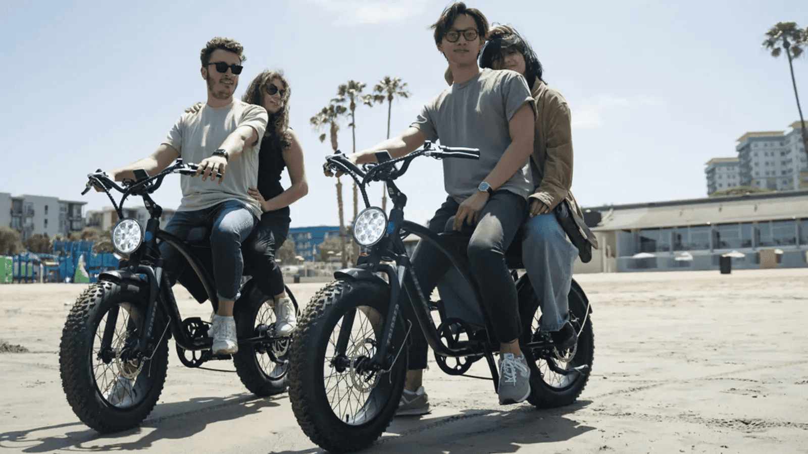 Image showcasing men and women riding the Tripper Electric Bikes Falcon II e-bike in black