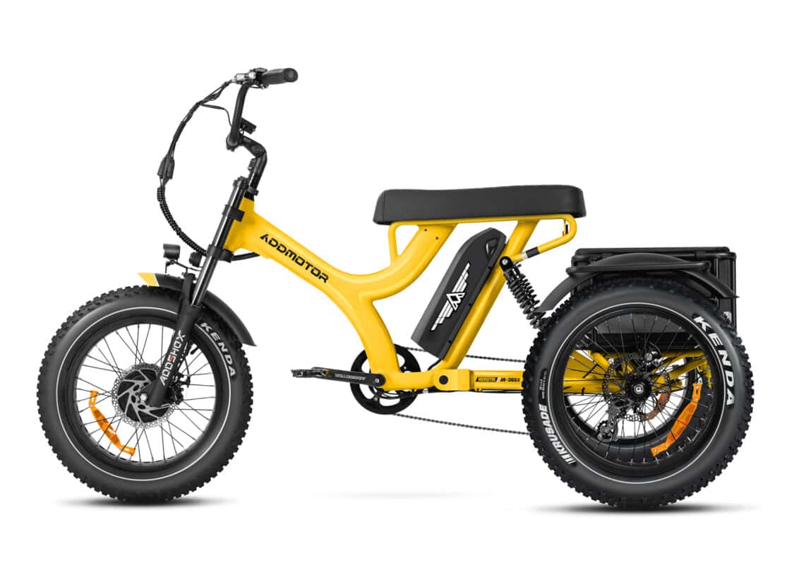 Image showcasing Addmotor Herotri M-365X fat tire electric trike in yellow