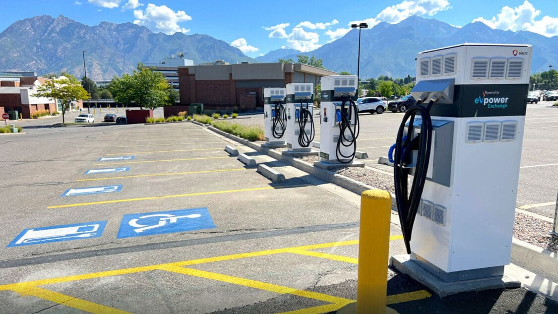 eVpower exchange charging station in a parking lot