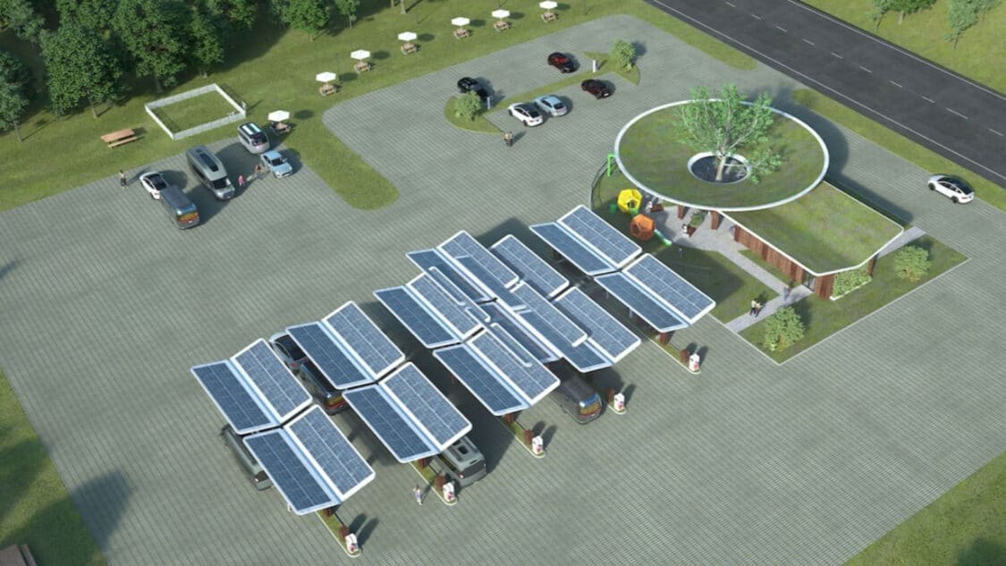THOR EV charging station showing solar panels above charging