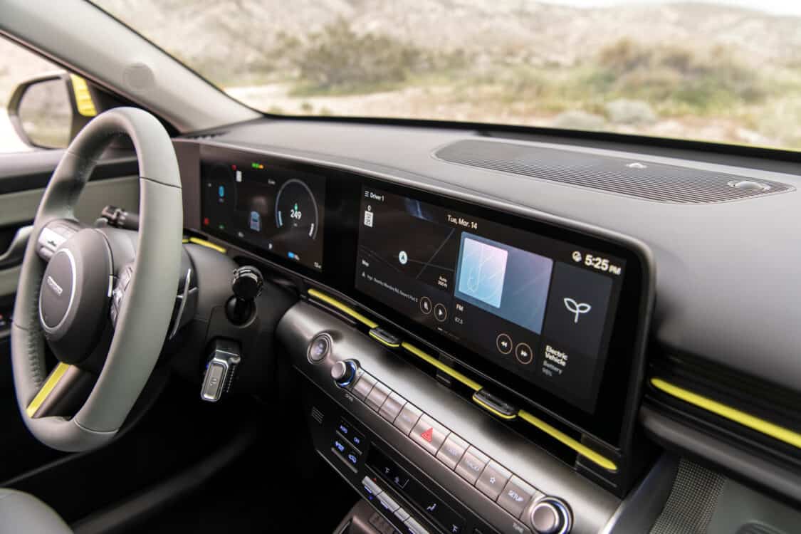 Image showcasing driver infotainment of the 2024 Hyundai Kona Electric