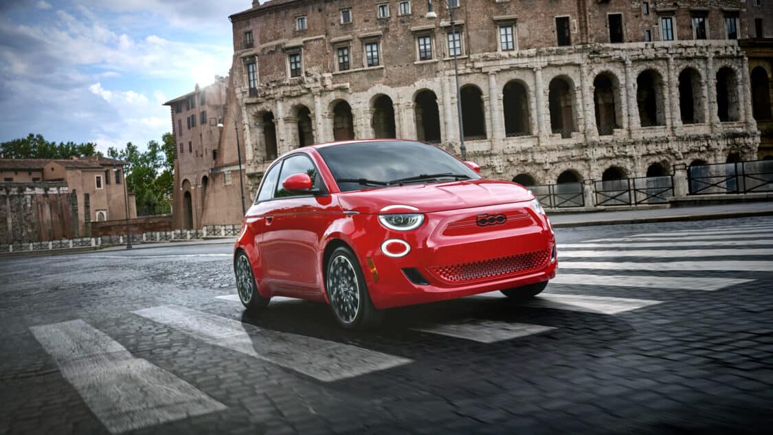 Image showcasing front passenger quarter profile of the 2024 Fiat 500e RED edition