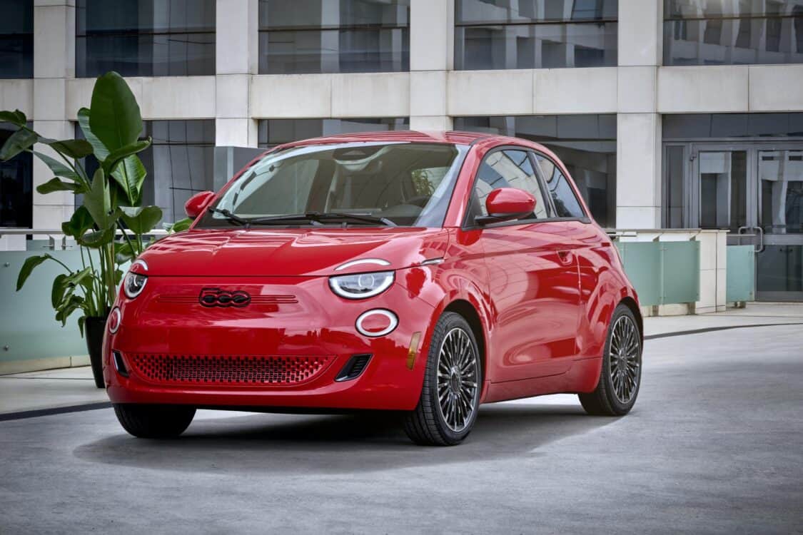 Image showcasing front driver quarter profile of the 2024 Fiat 500e RED edition