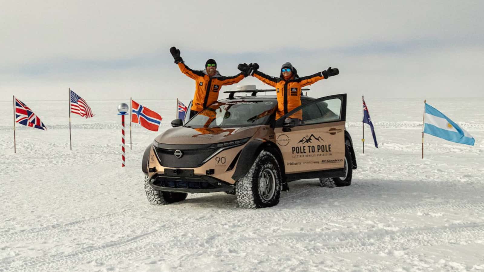 Image showcasing Chris and Julie Ramsey breaking boundaries in the First Electric Vehicle Expedition to the South Pole in a Nissan Ariya
