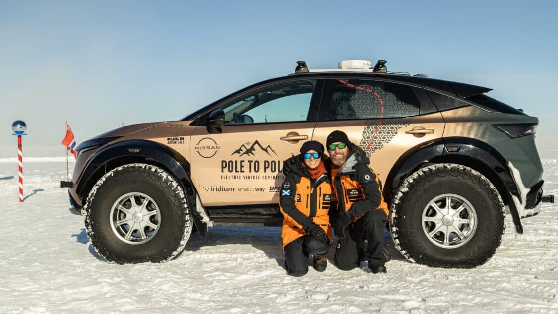 Image showcasing Chris and Julie Ramsey breaking boundaries in the First Electric Vehicle Expedition to the South Pole in a Nissan Ariya